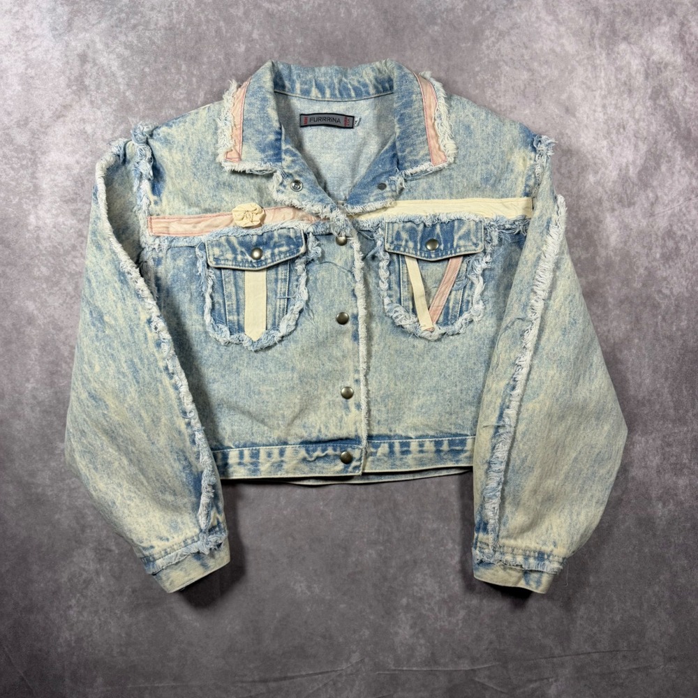 Vtg 80s 90s Bebe Furrrina Acid Wash Y2K Denim Jacket Cropped Frayed Pastel USA M